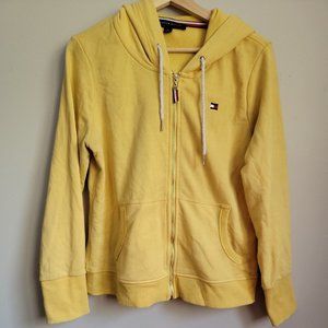 Tommy Hilfiger Full Zip Sweater SZ Medium Womens Yellow Logo Long Sleeve Cotton